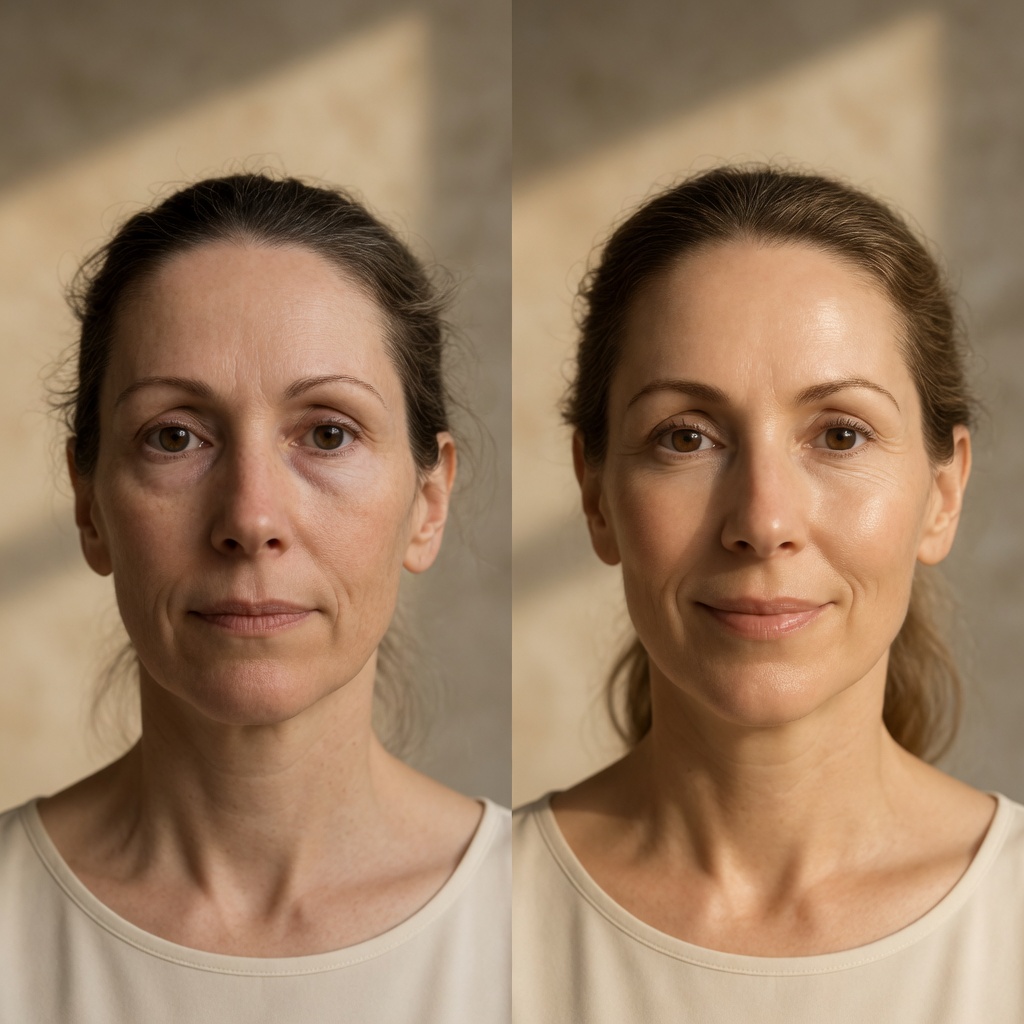 Face yoga before and after — visible jawline and cheek toning